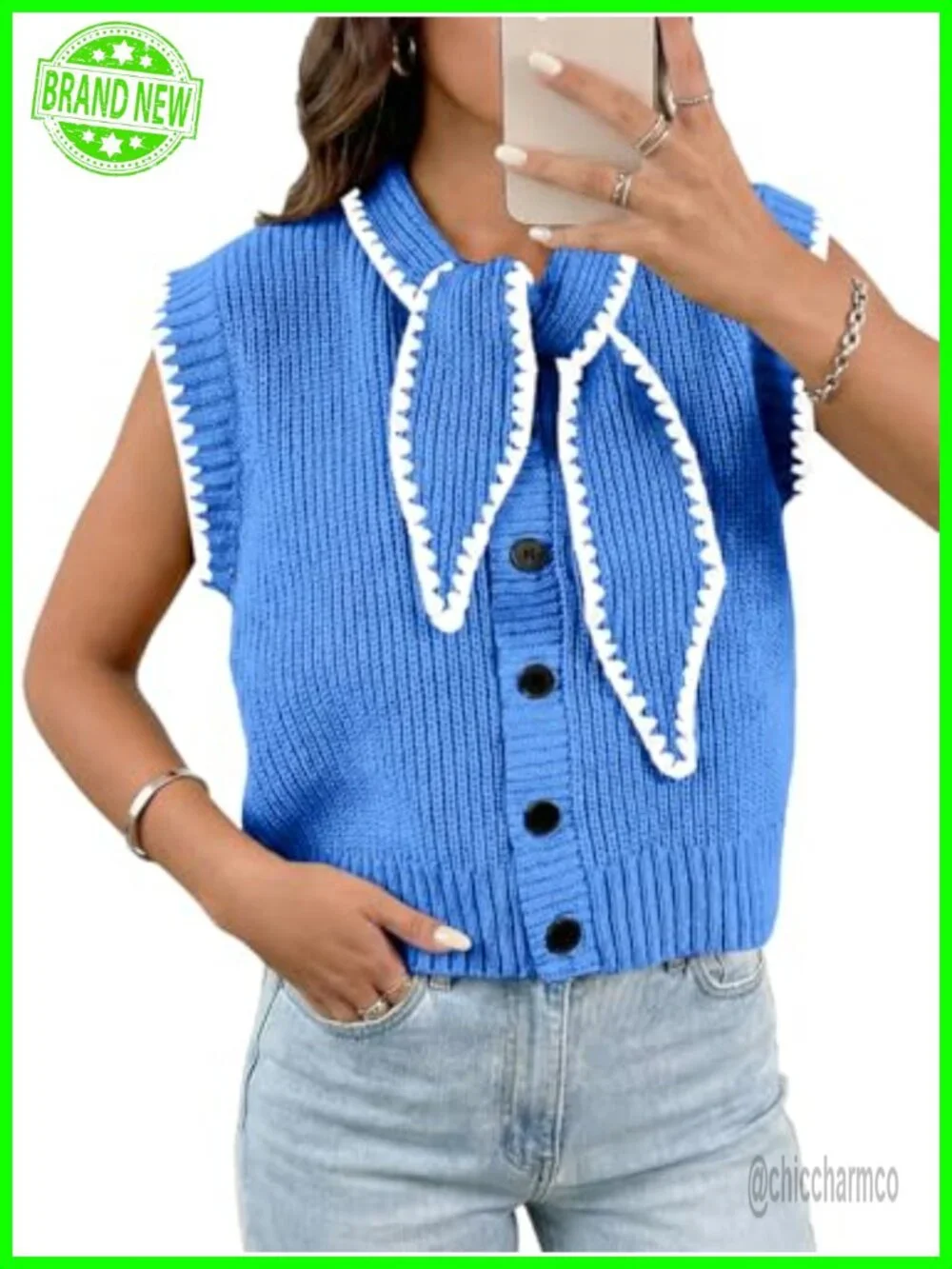 Sleeveless Sweater Vest Tie Front Color Block Button Down Knit Tank Top Summer